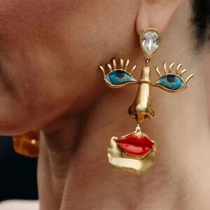 Visage Surrealism Gold Blue Eyes Earrings